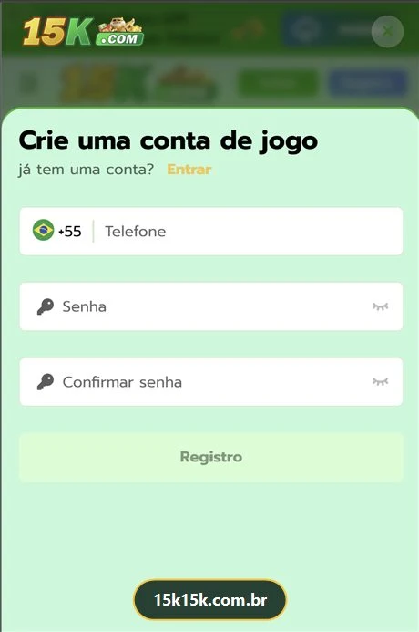 Tela de cadastro do App 15K — Crie uma conta de jogo